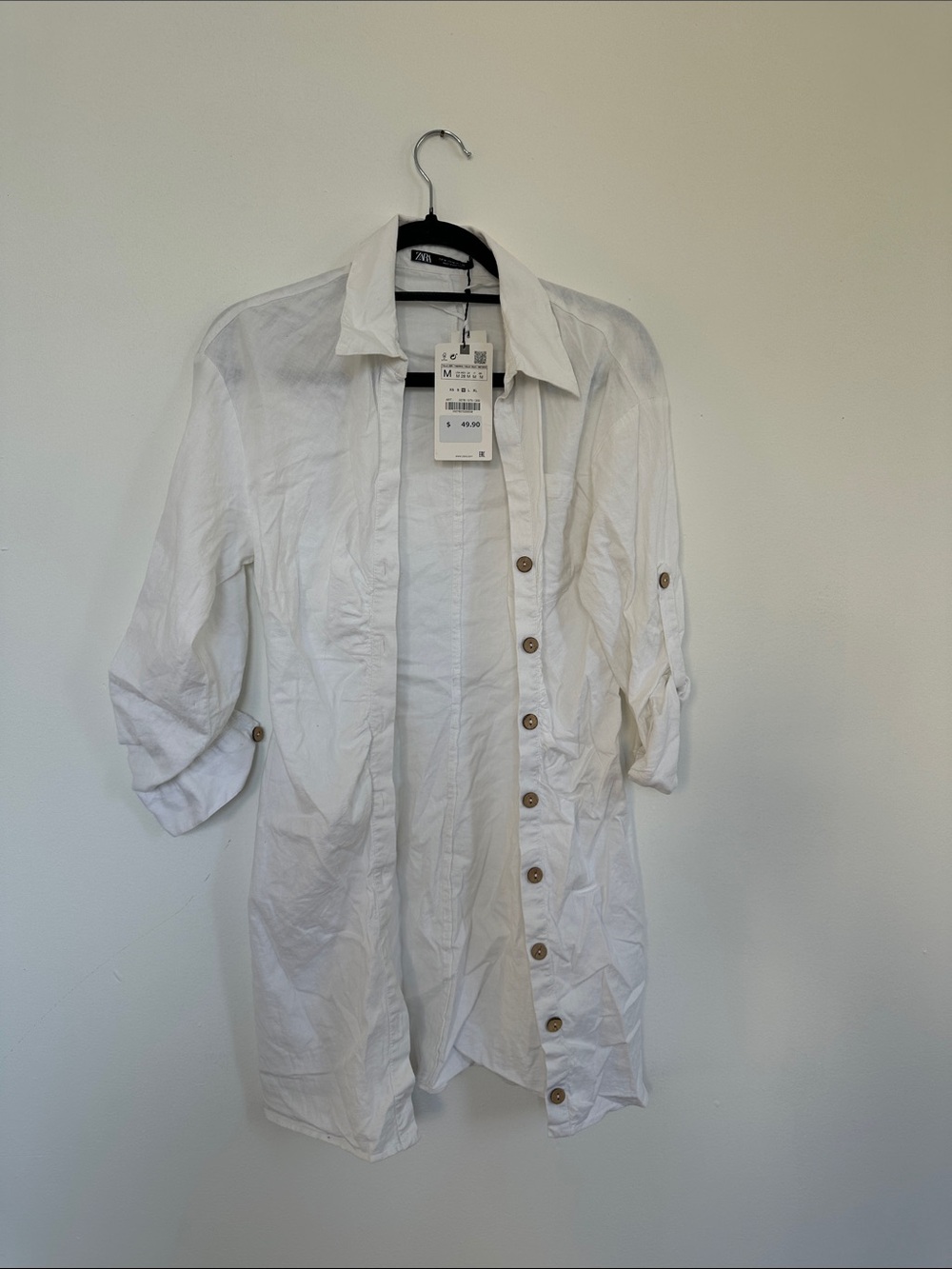 Zara Men's White Casual Button-Down tunic with Roll-Tab Sleeves